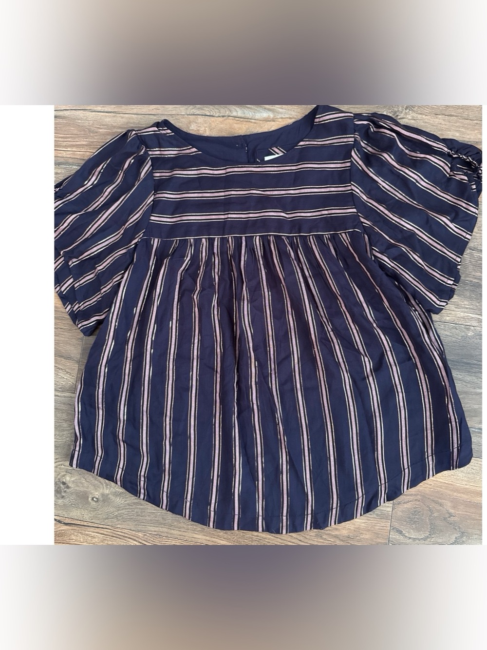 Anthropologie Size S Cameron Tie-Sleeve Top Navy Blue Pink Metallic Stripes